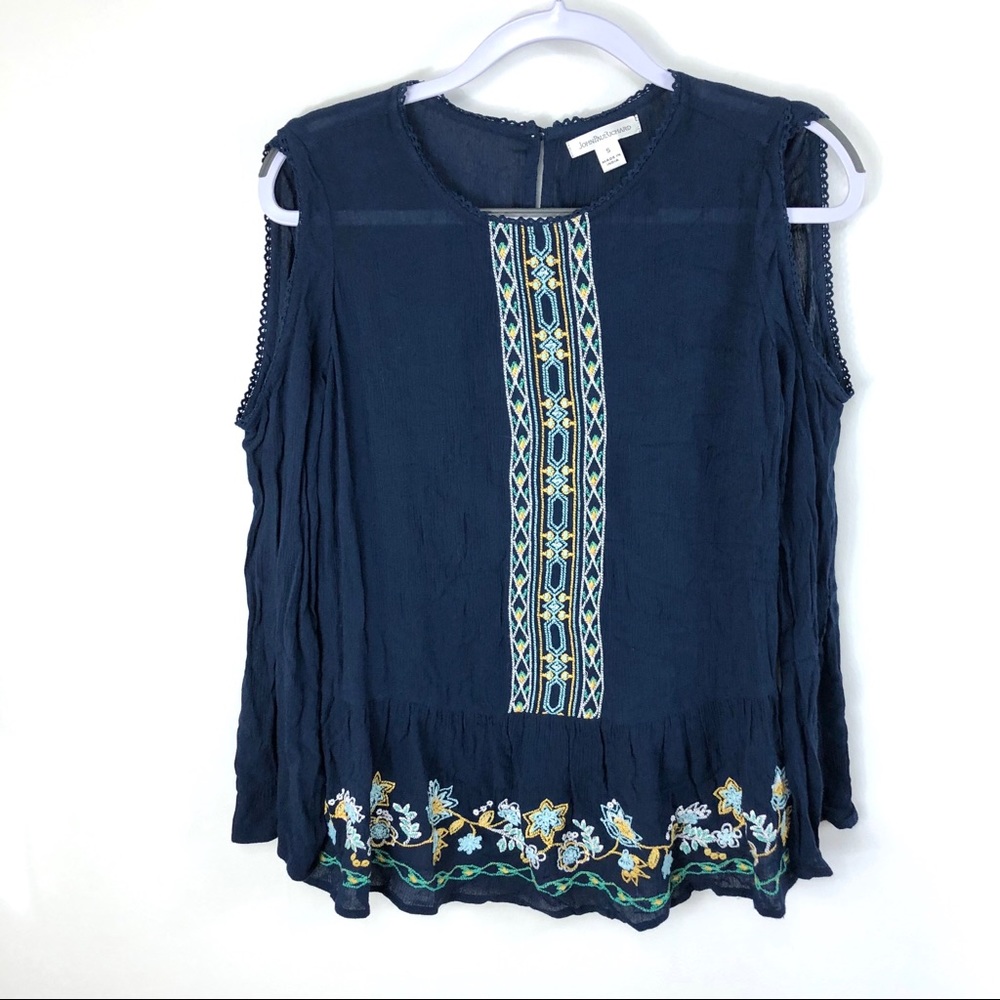 JohnPaulRichard cold shoulder embroidered navy top